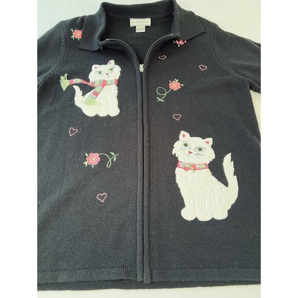 VTG Allison Daley Women SM Black Pink Zip Up Sweater Crazy Cat Lady - Picture 3 of 12